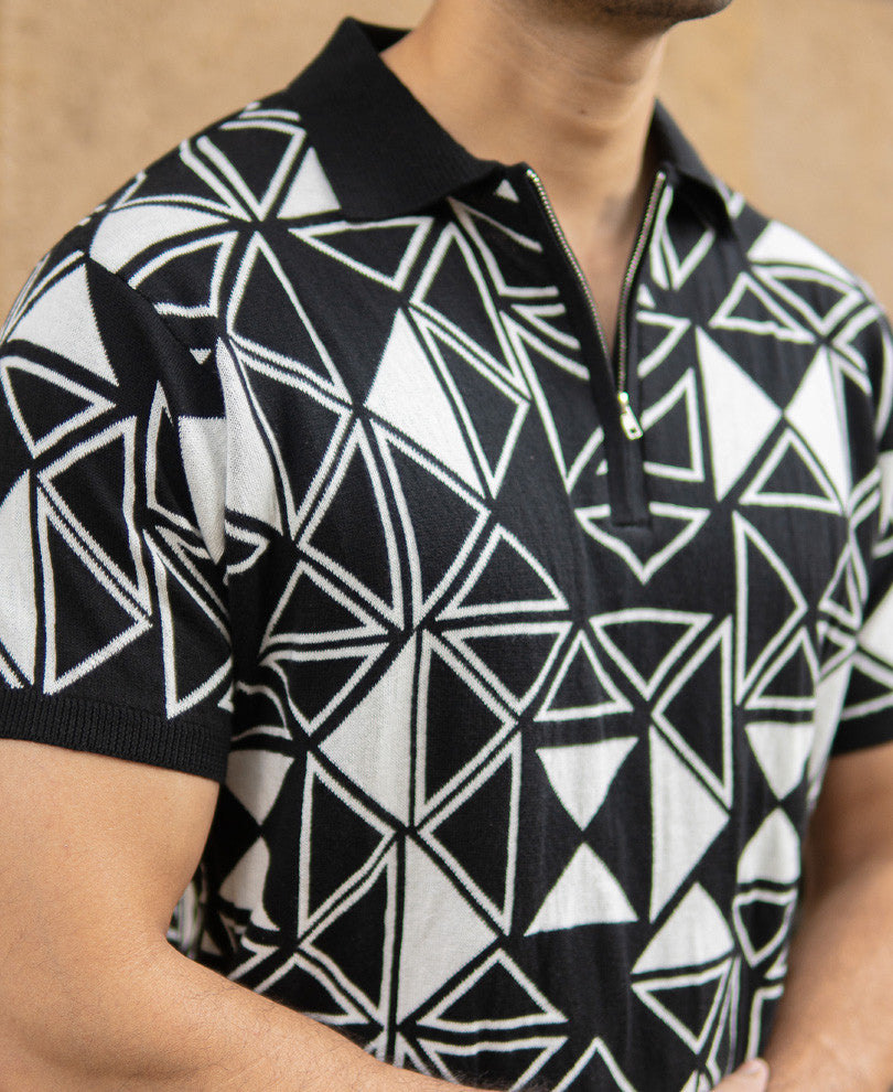 Black Geometric Knit Polo T-Shirt.