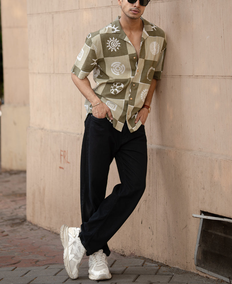 Green Structured Cuban Printed Shirt.