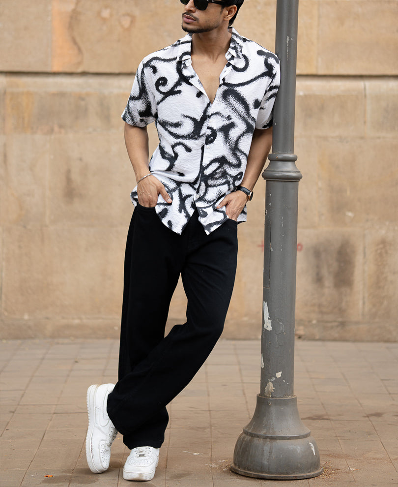 White Cuban Printed Flowy Shirt.