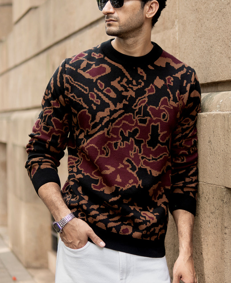 Black Abstract Jacquard Cotton T-Shirt.
