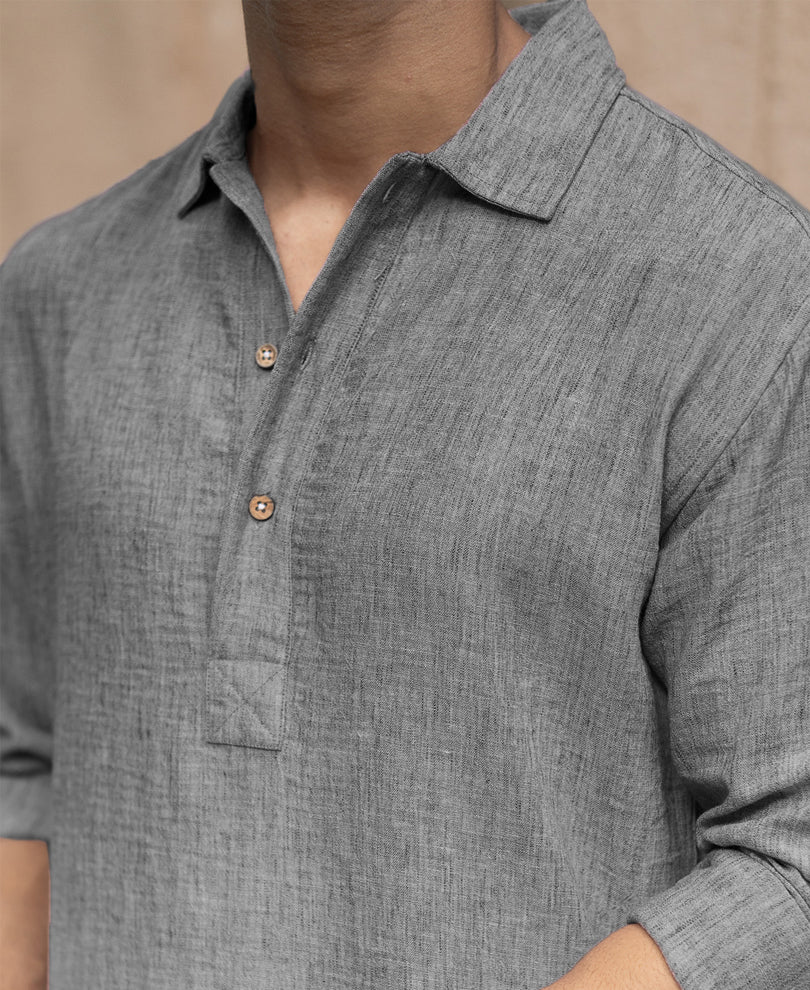Dark Grey Slub Kurta Shirt.