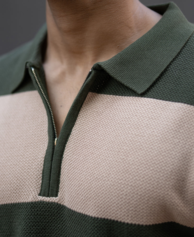 Olive & Beige Knit Stripe T-Shirt.