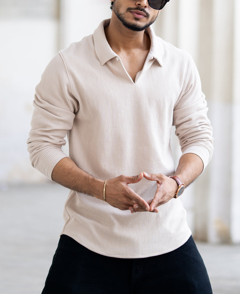 Beige Corduroy Regular Fit Full Sleeves T-Shirt.