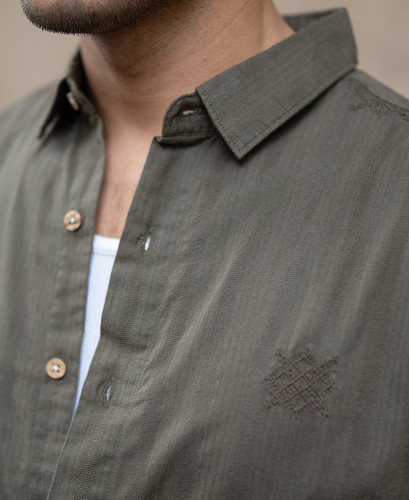 Olive Structure Embroidered Shirt.