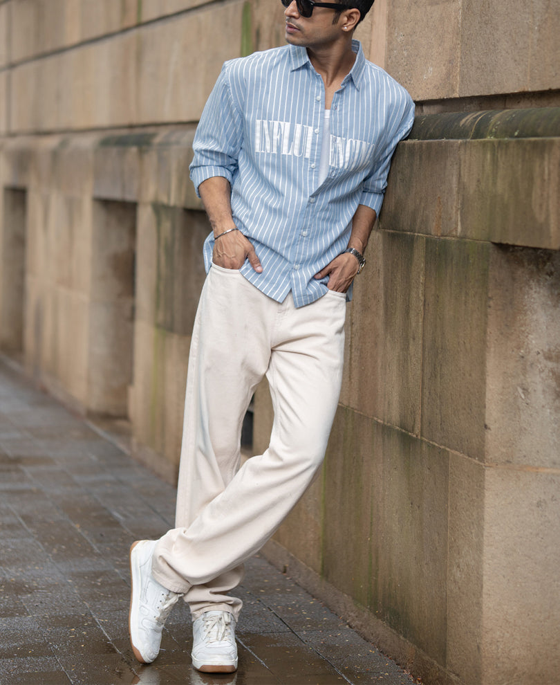 Blue Oversize Stripe Shirt With Print.