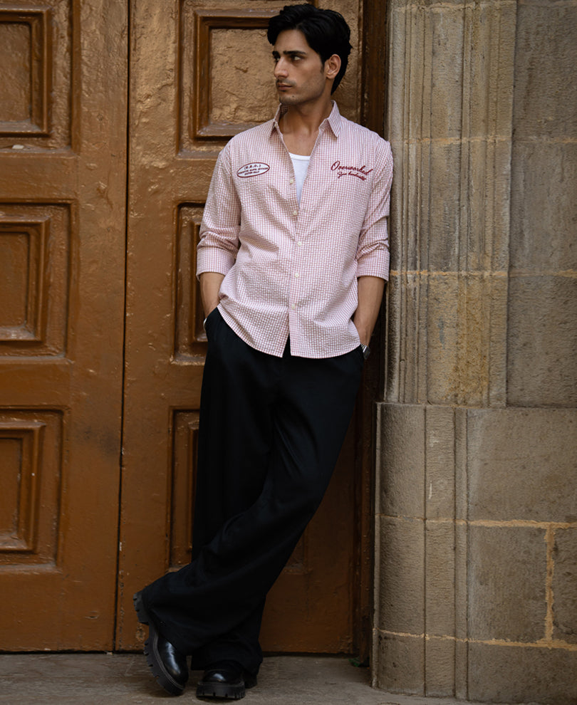 Peach Embroidered Seersucker Check Shirt 100% Cotton