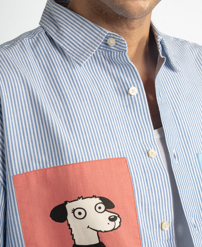 Blue Striped Animal Print Shirt 100% Cotton