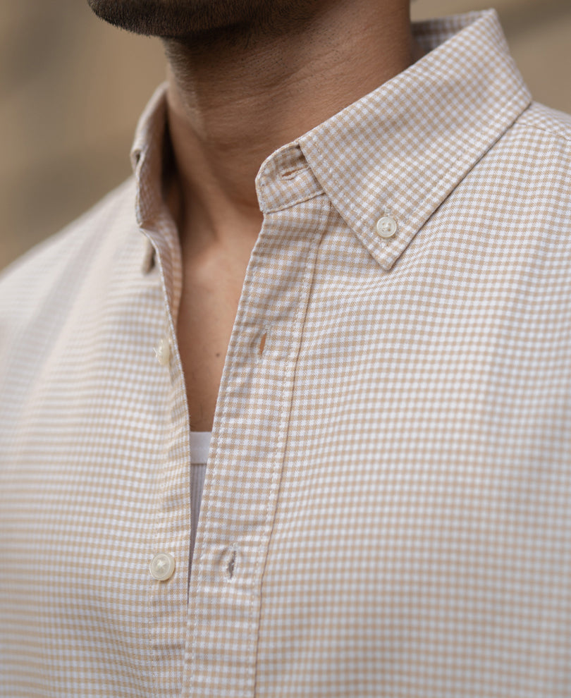 Beige Microchecks Oxford Shirt.