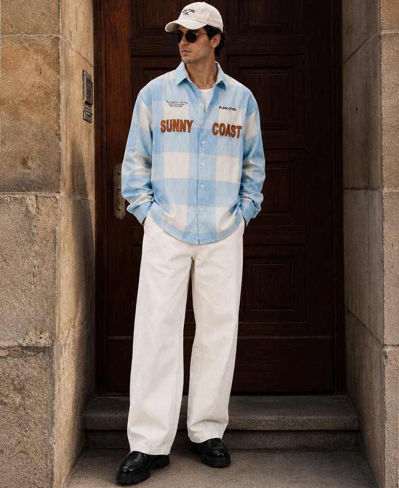 Light Blue Embroidered Checks Shirt