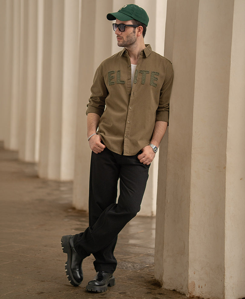 Brown Applique Embroidery Shirt 100% Cotton