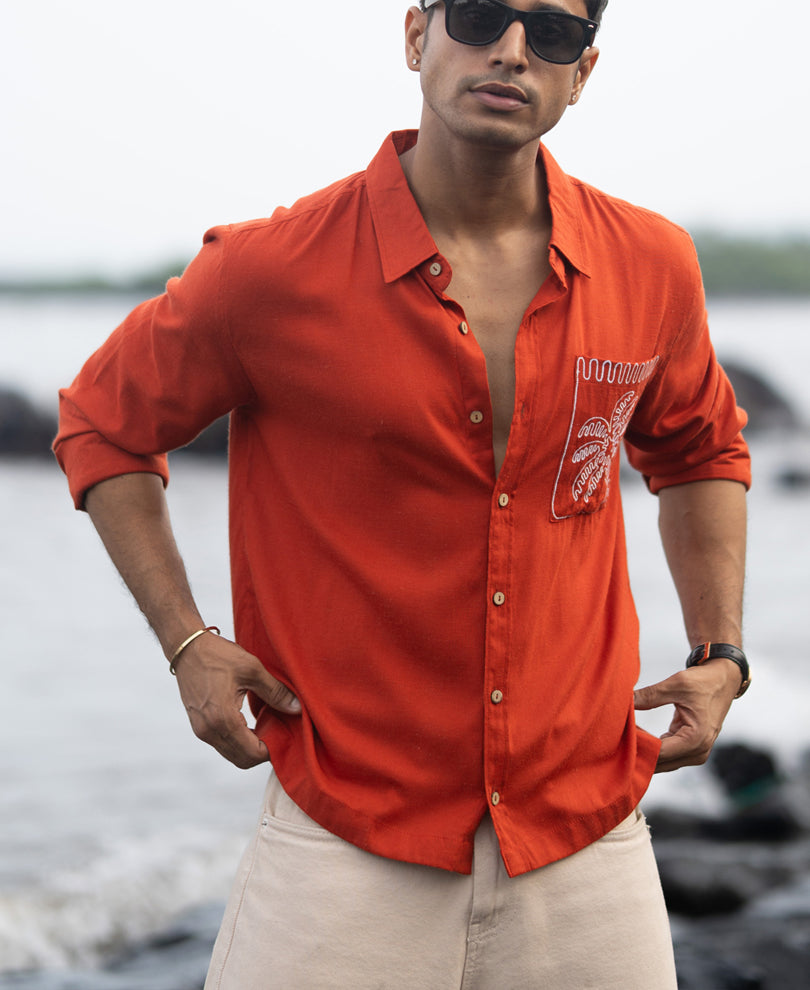 Spicy Orange Linen Blend Embroidery Shirt.