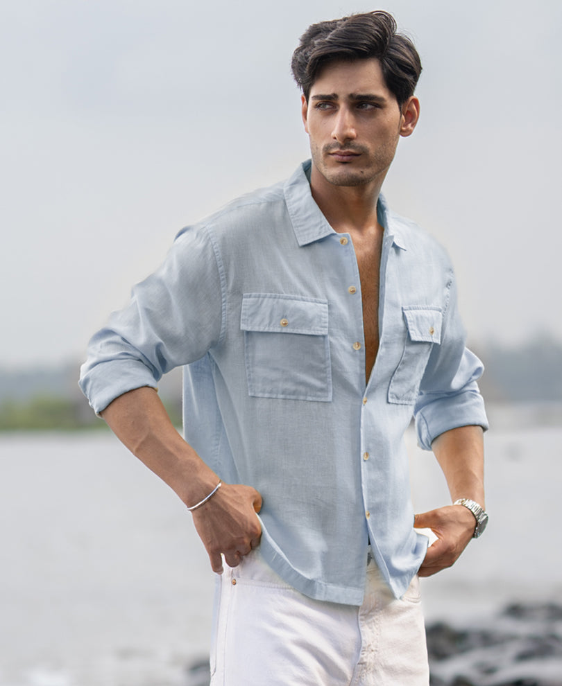 Light Blue Linen Double Pocket Shirt.