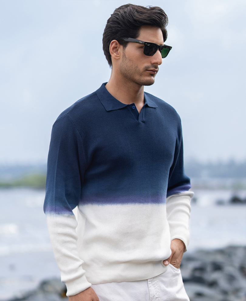 Dark Blue Knitted Ombre T-Shirt.
