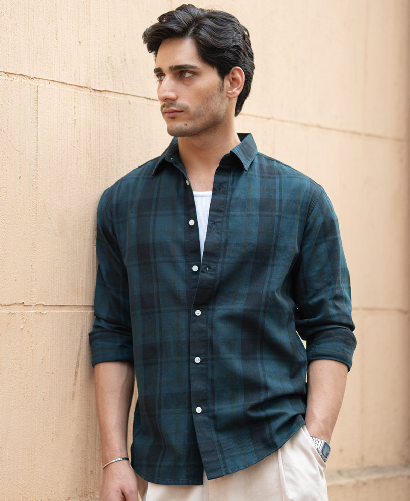 Dark Teal Structured Checks Shirt.