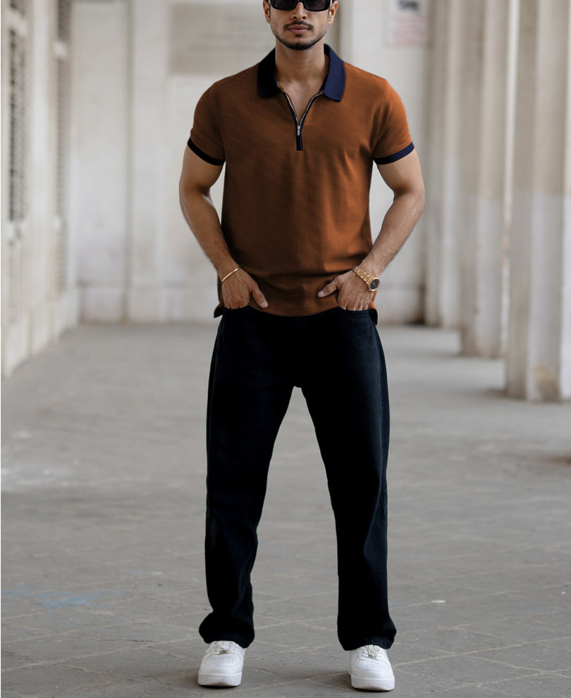 Dark Tan Contrast Collar Zipper T-Shirt.