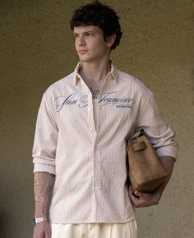 Beige Seersucker Printed Stripe Shirt
