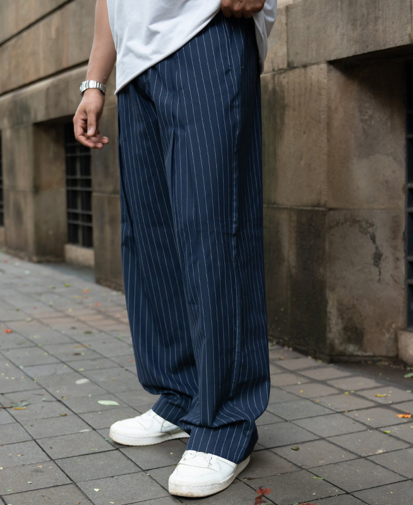 Navy Striped Pleated Trousers