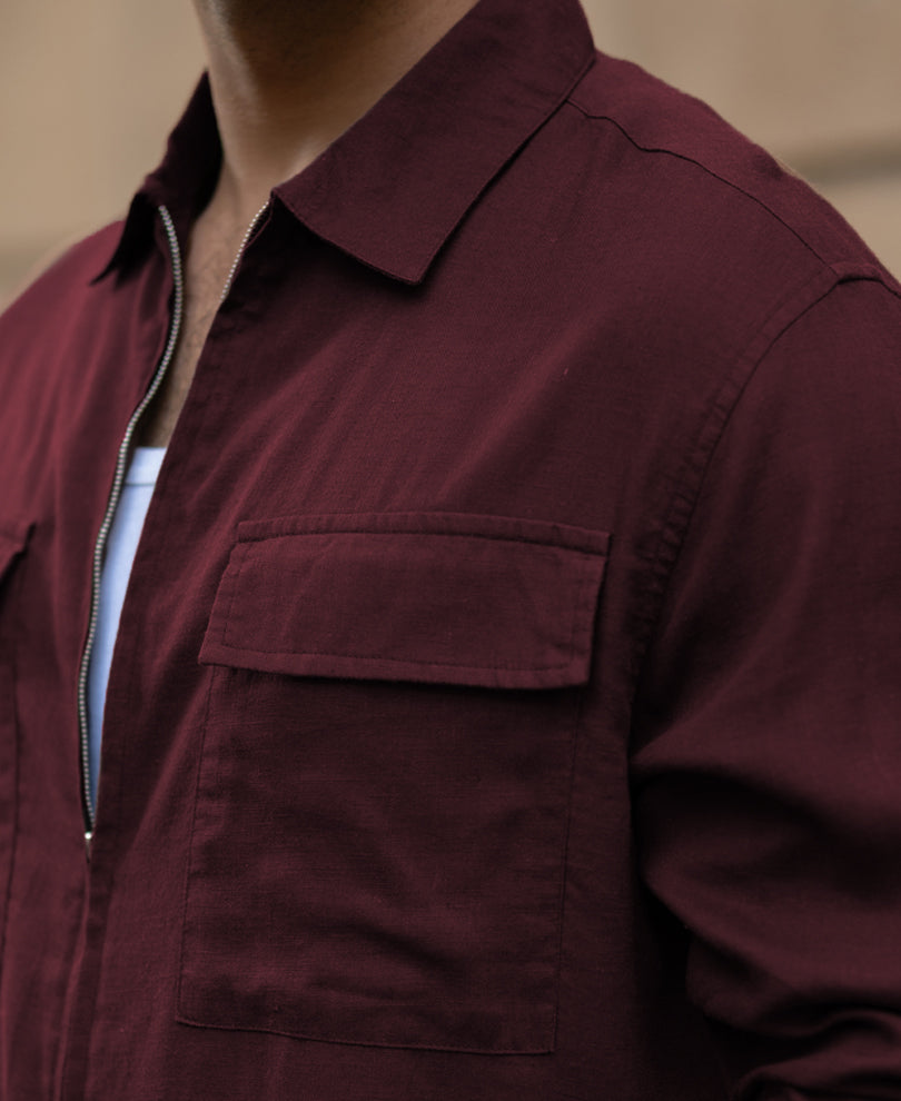 Wine Linen Blend Zipper Shirt.