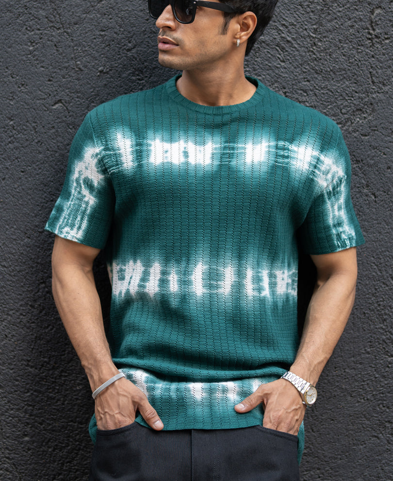 Dark Green Tie Dye Knit T-Shirt.
