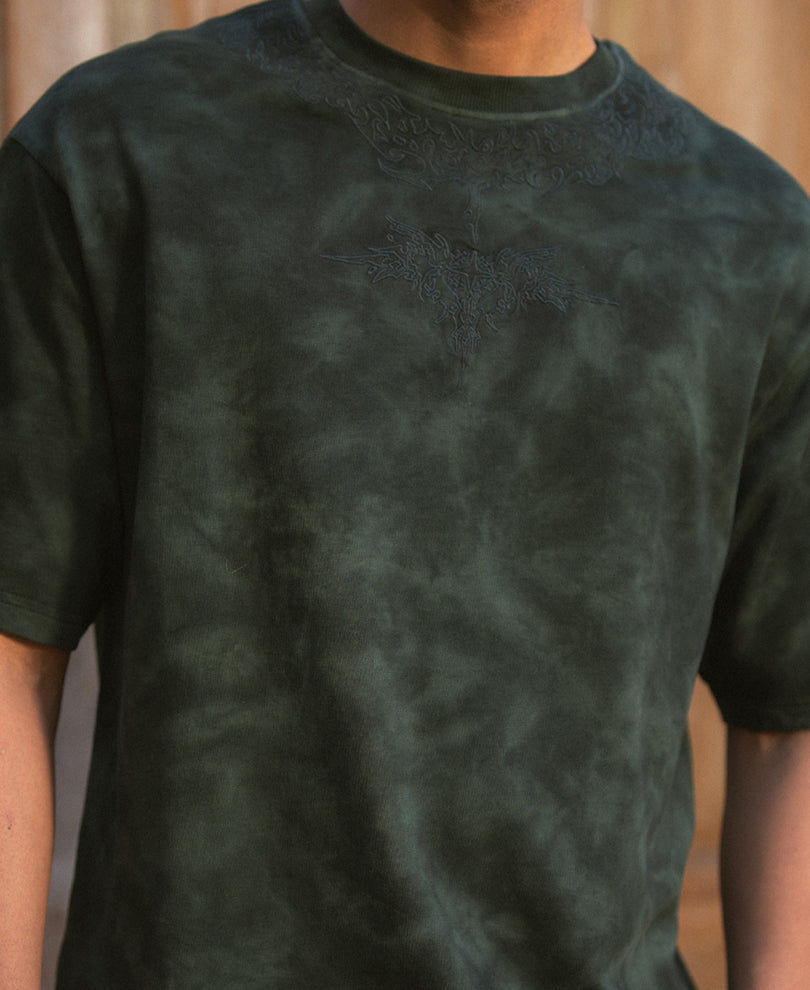 Dark Olive Washed Embroidered T-Shirt 100% Cotton