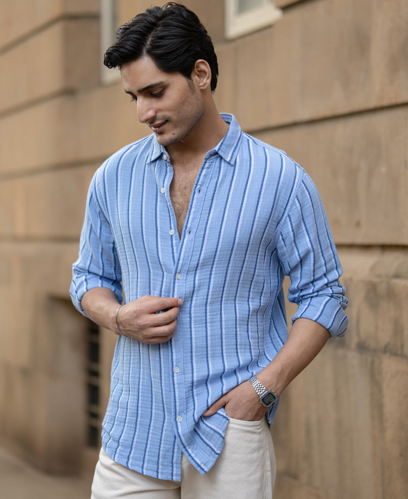 Blue Double Cloth Striped Shirt.