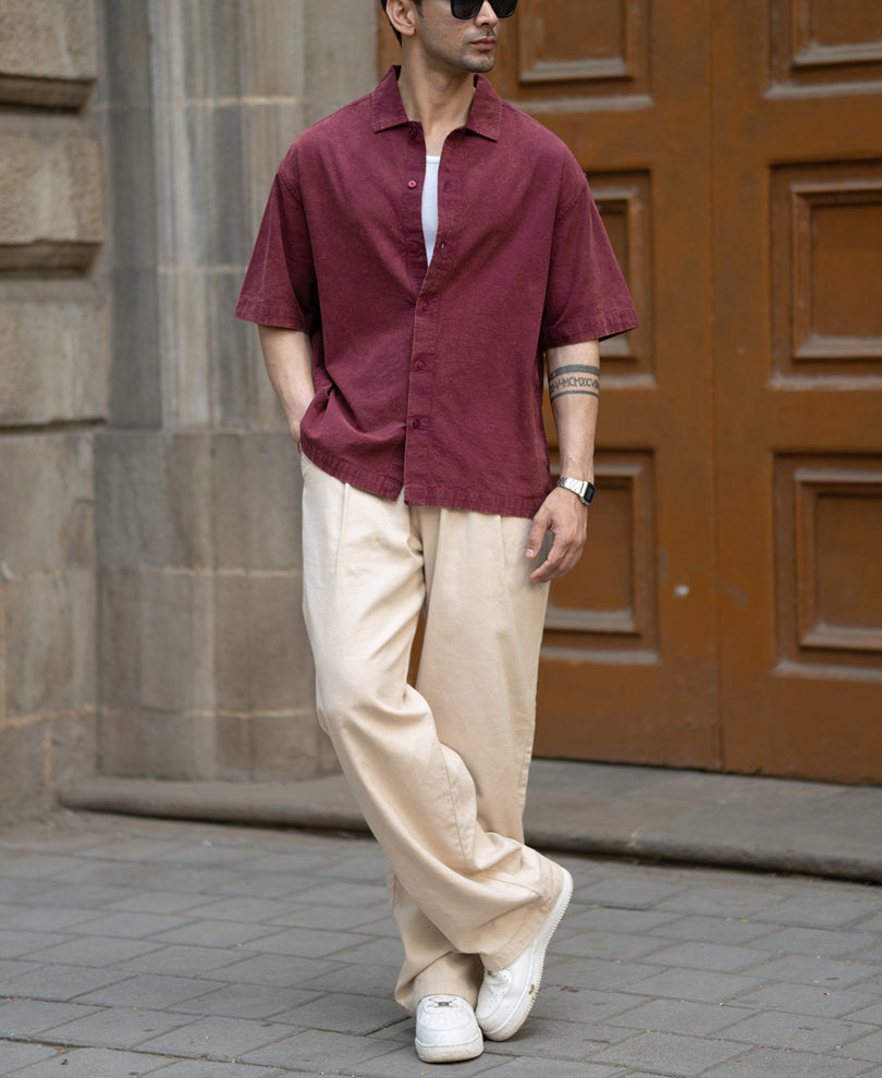 Burgundy Washed Structure Boxy Shirt.