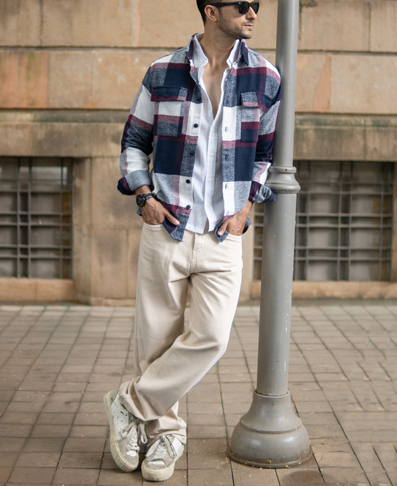 Navy And Wine Flannel Checks Shirt.