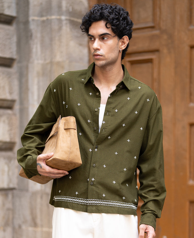Olive Embroidered Lightweight Shirt