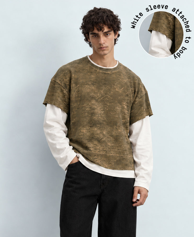 Dark Beige Grungy Double Layered T-Shirt
