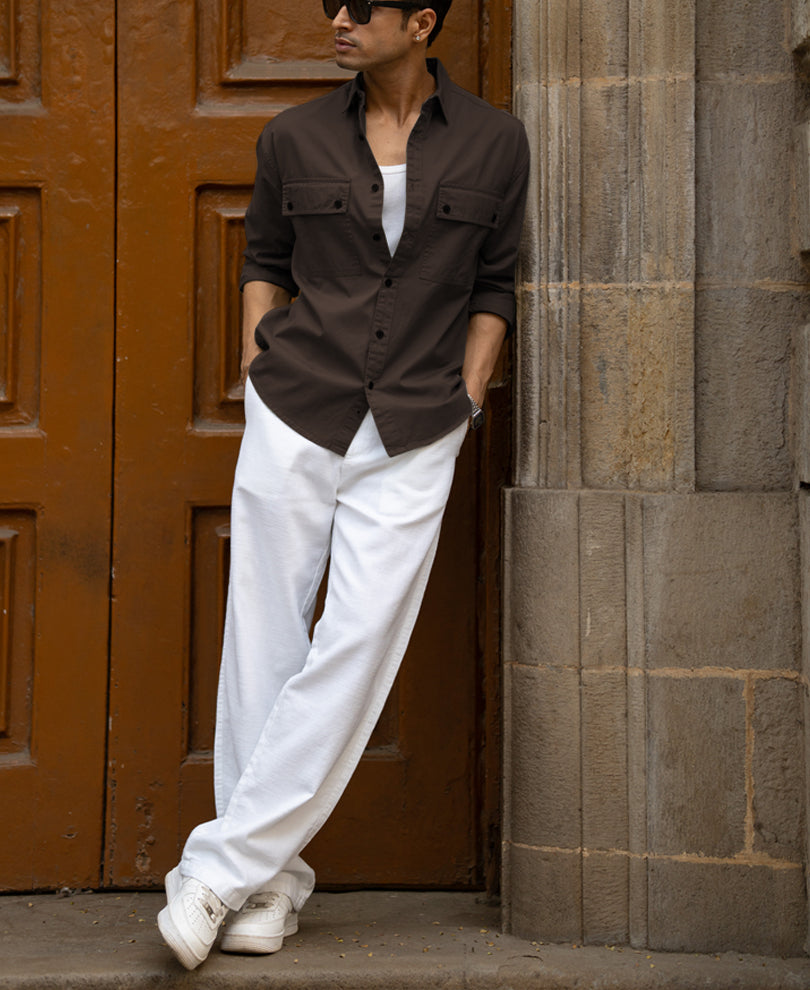 Dark Brown Double Pockets Lightweight Shirt 100% Cotton