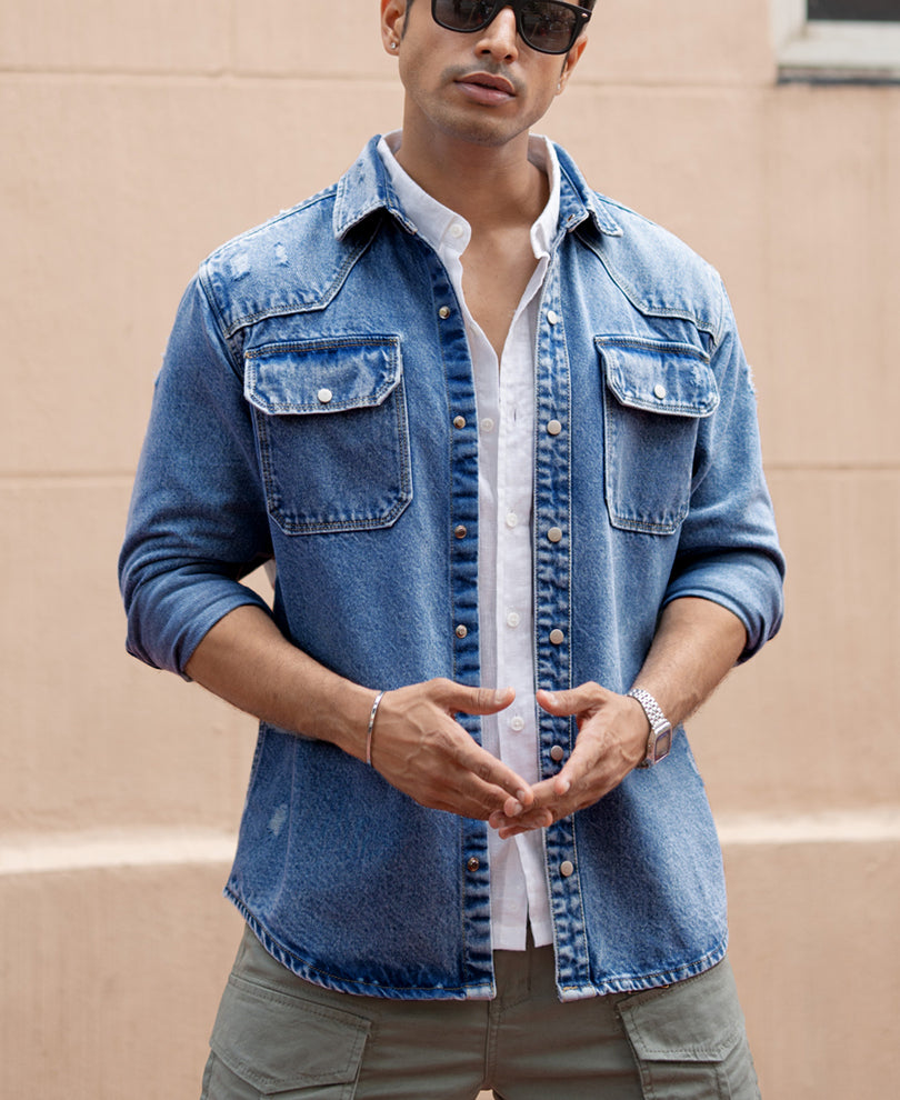 Mid Blue Distressed Denim Overshirt.