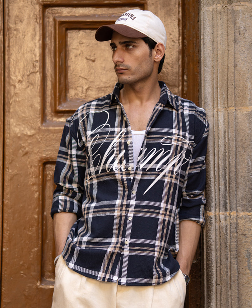 Navy Print Checks Overshirt