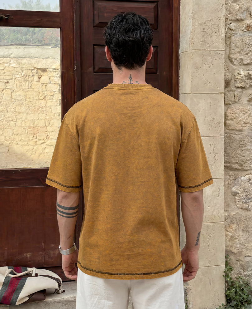 Dark Mustard Paneled Washed T-Shirt 100% Cotton
