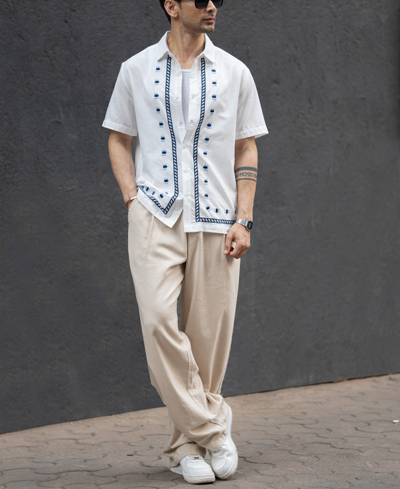 Off White Embroidered Cotton Shirt.