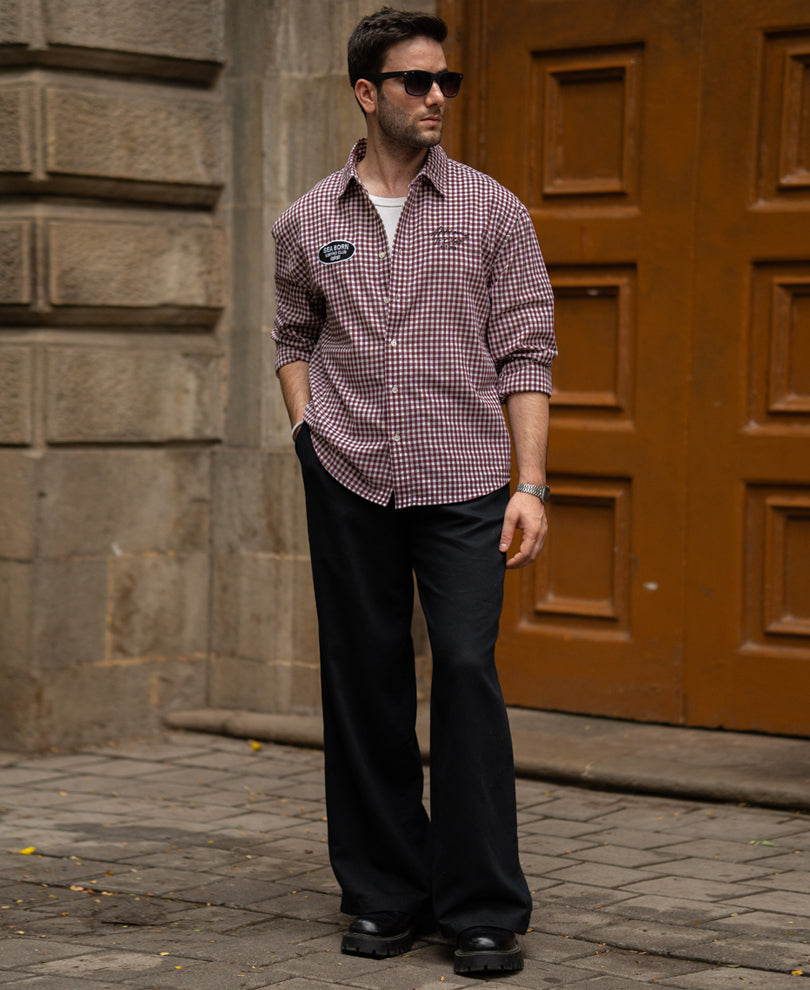 Wine Embroidered Micro Checks Shirt