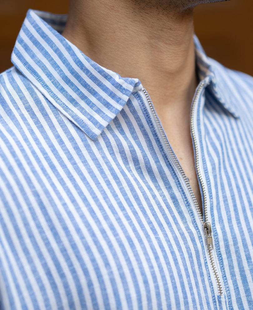 Blue Stripe Zipper Kurta Shirt.