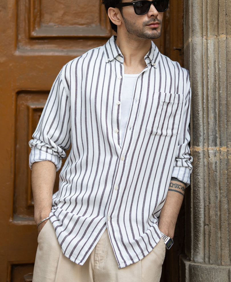 White Linen Blend Stripe Shirt.