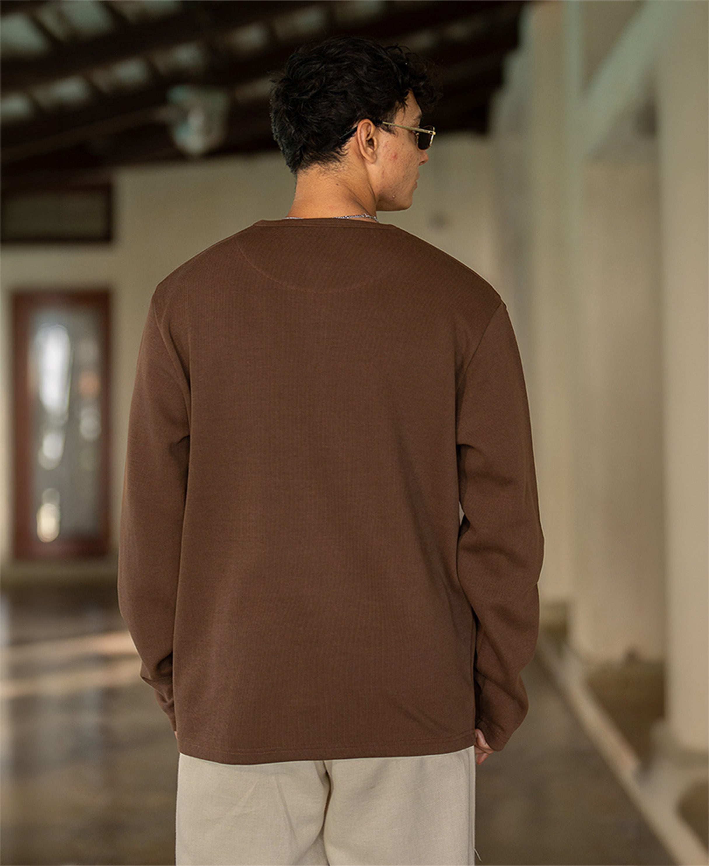 Brown Rib Knit Henley T-Shirt