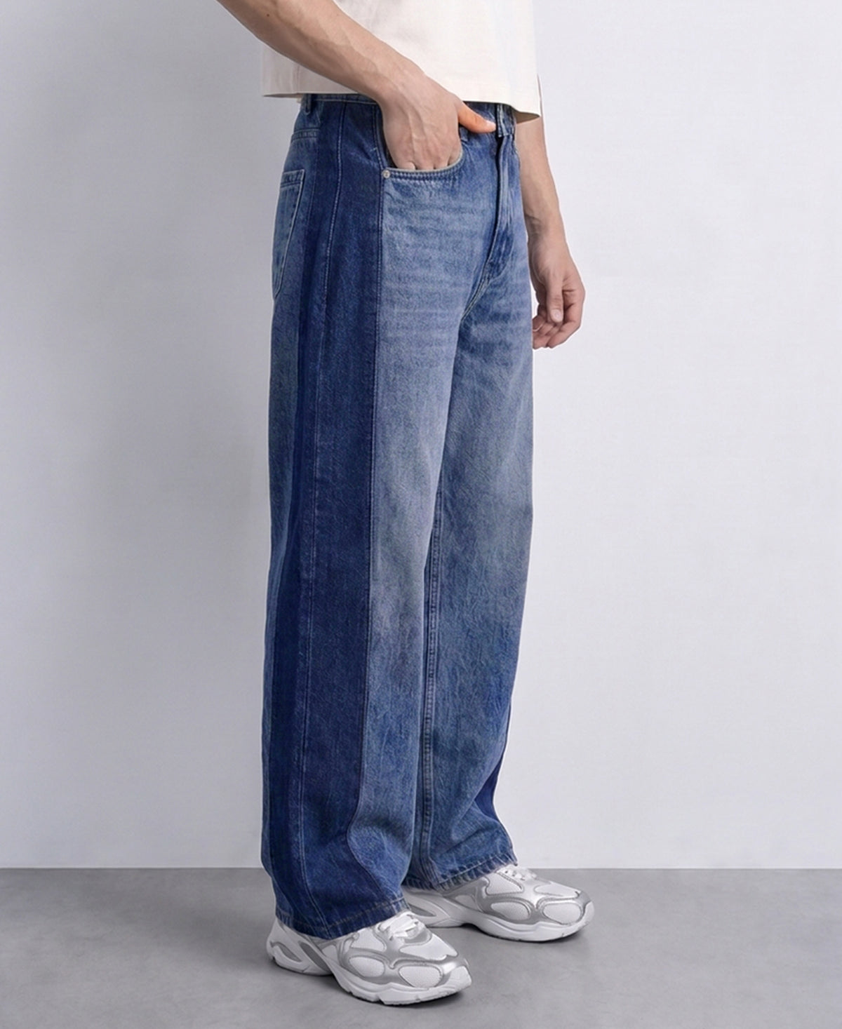 Dark Blue Paneled Baggy Jeans