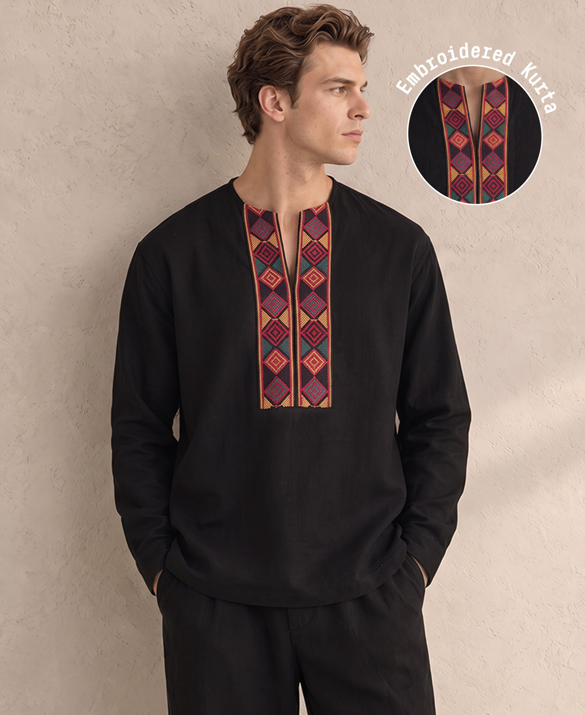 Black Contrast Embroidered Kurta Shirt