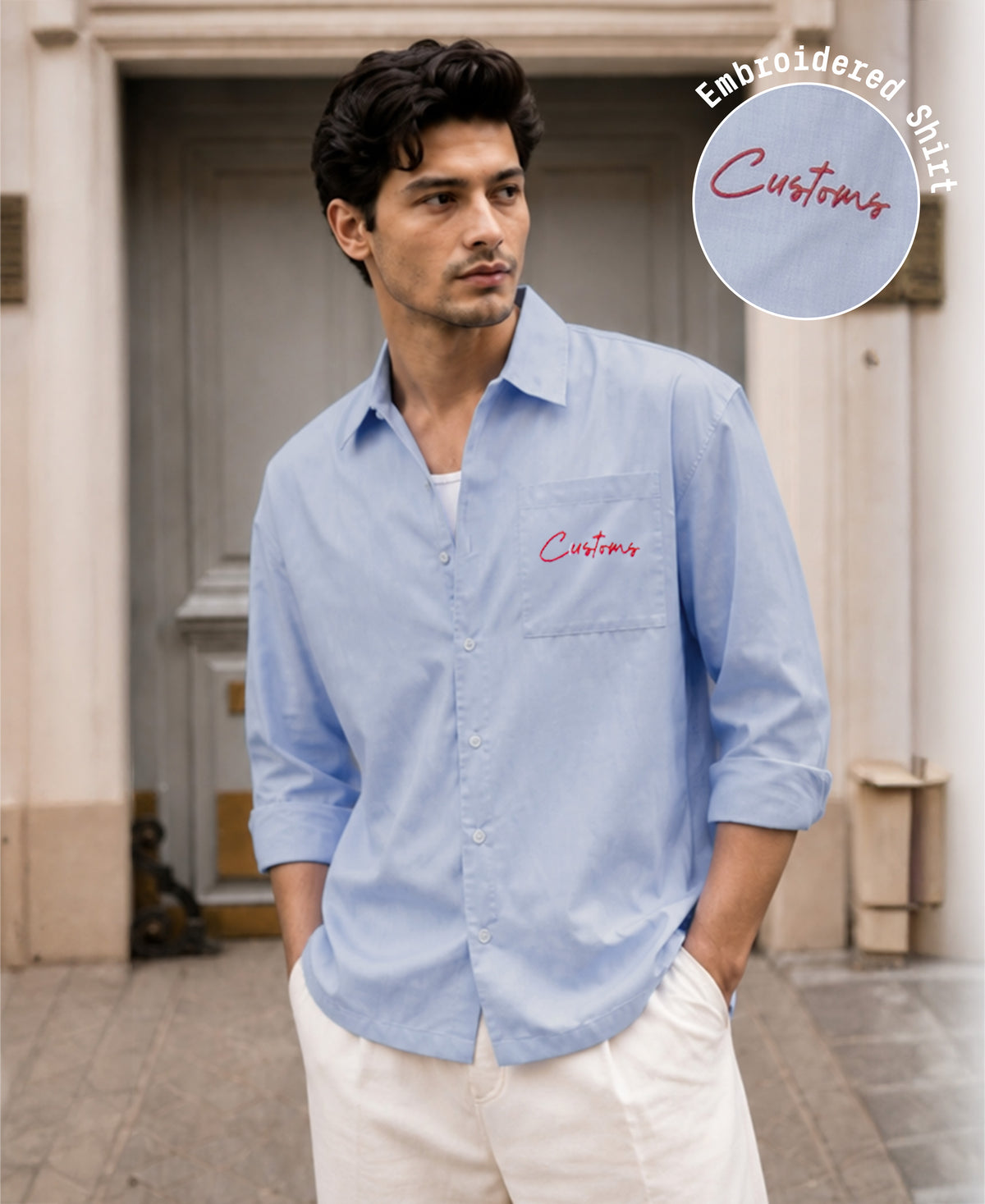 Blue Melange Embroidered Shirt 100% Cotton