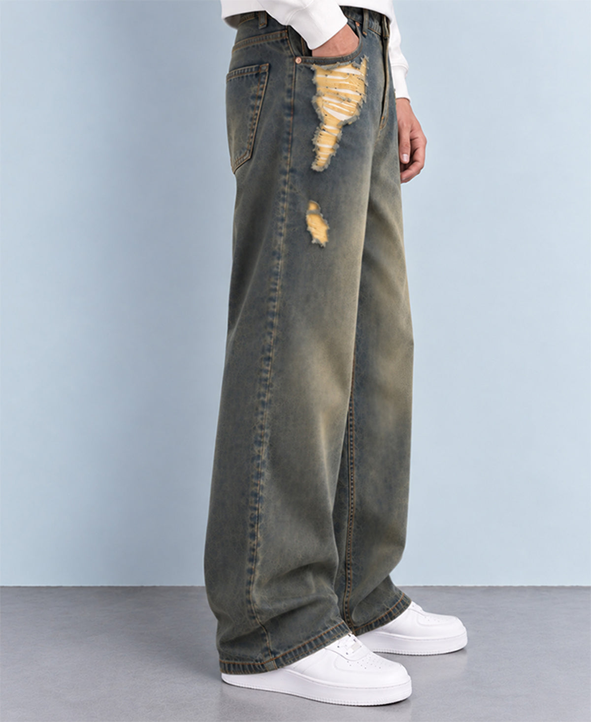 Tinted Blue Distressed Baggy Fit Jeans