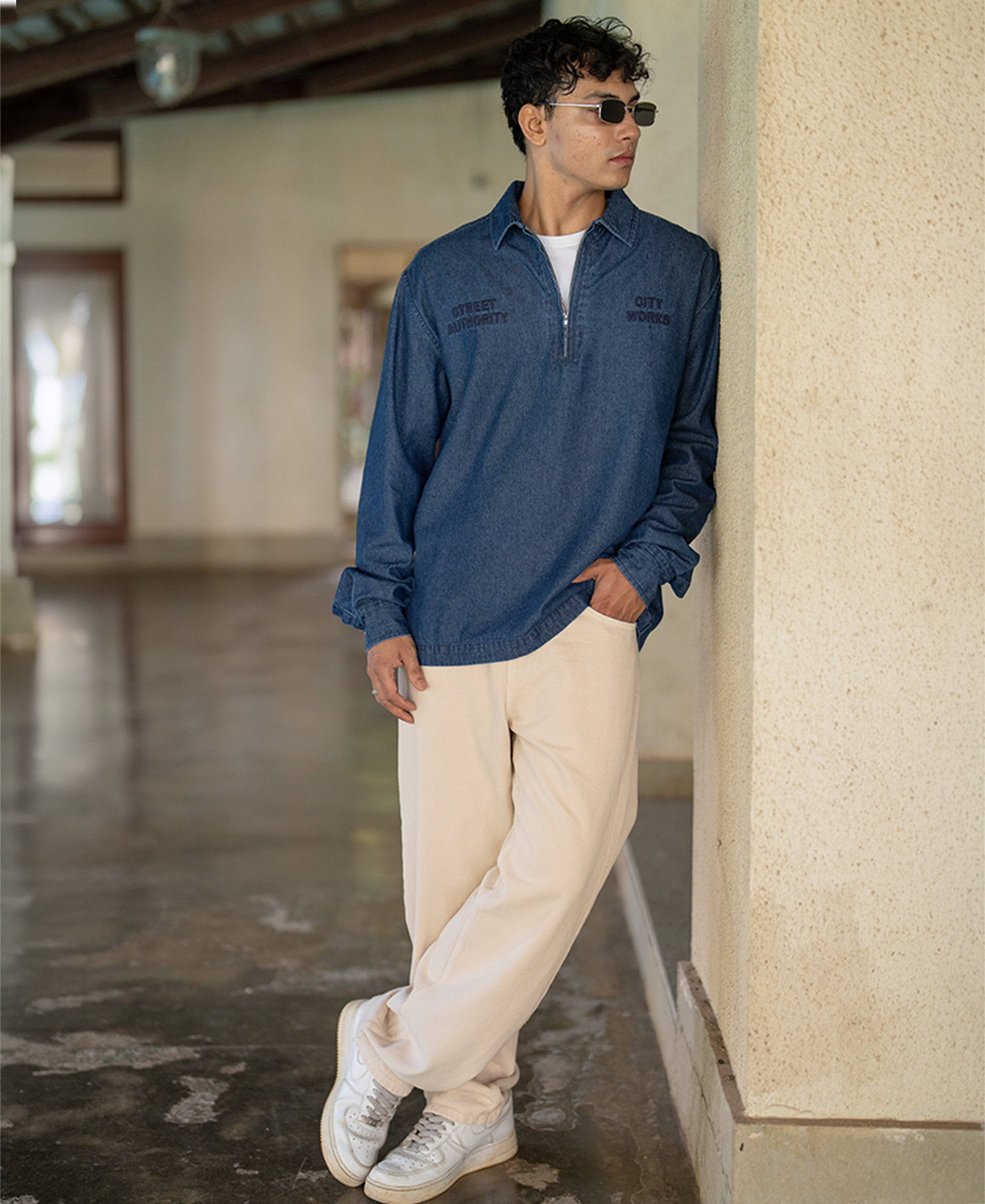 Indigo Embroidered Zipper Shirt 100% Cotton