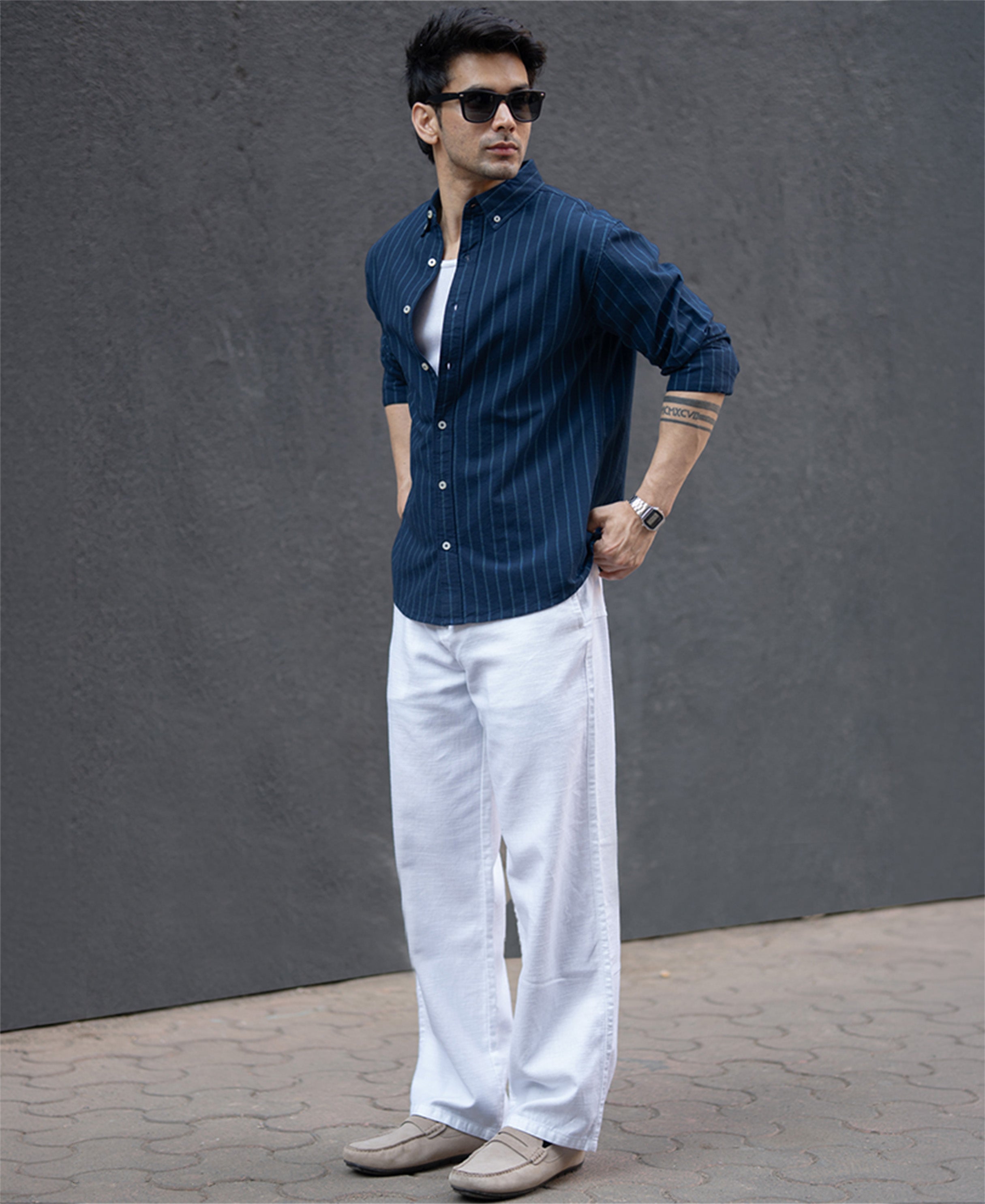 Navy Oxford Stripe Shirt 100% Cotton