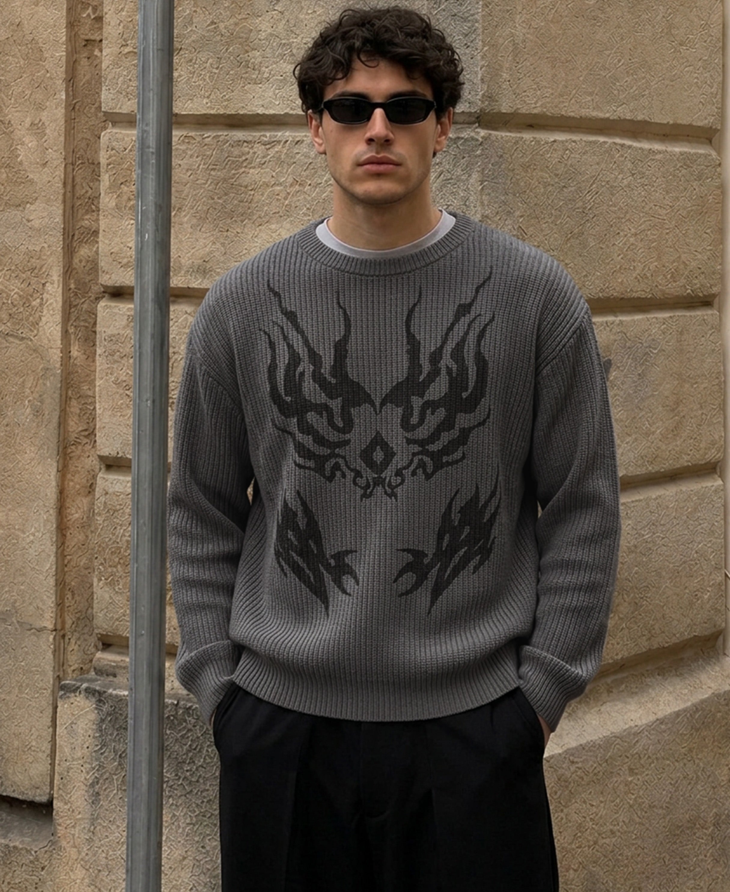Grey Sigil Print Knit T-Shirt 100% Cotton