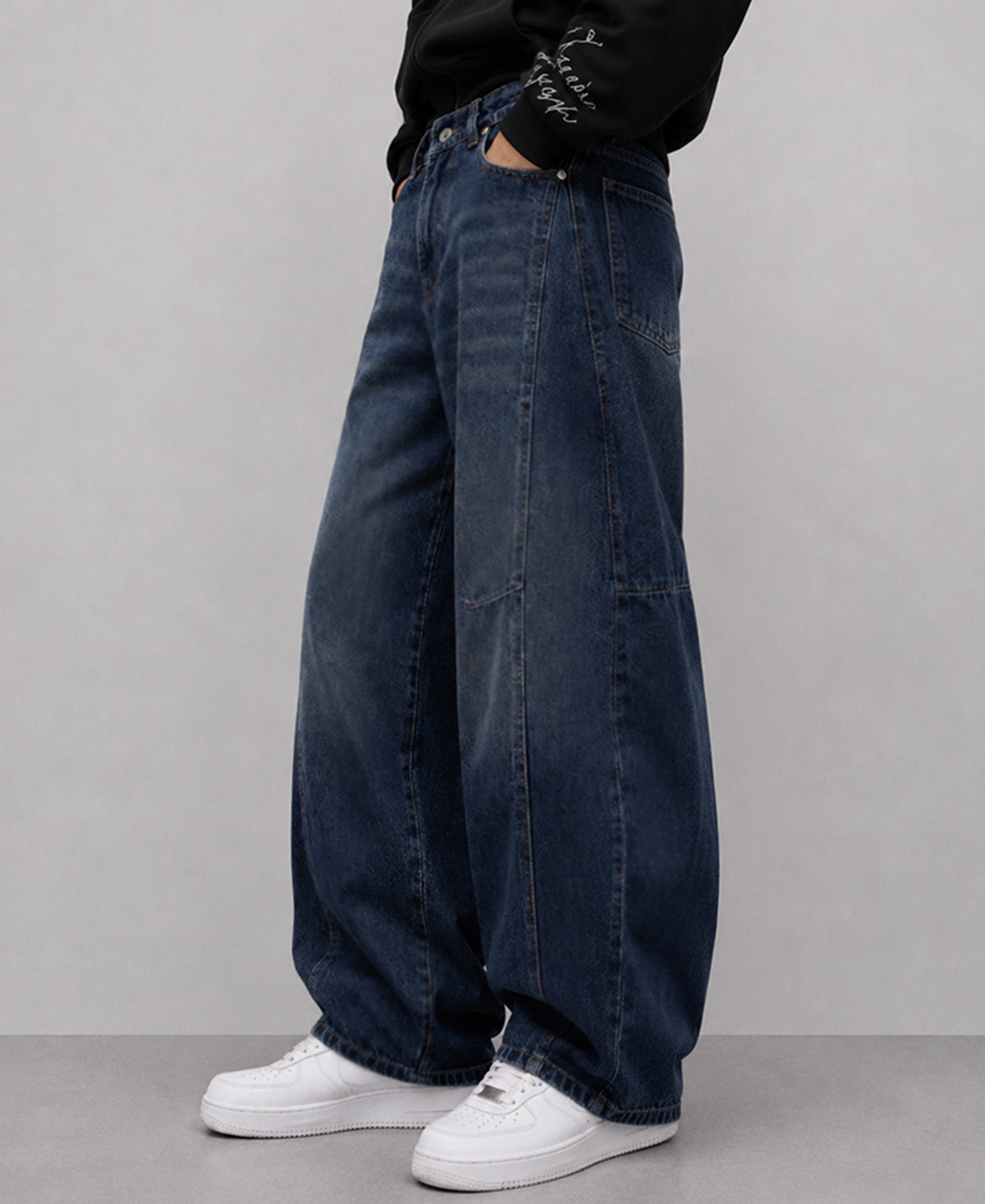 Blue Panelled Barrel Fit Jeans