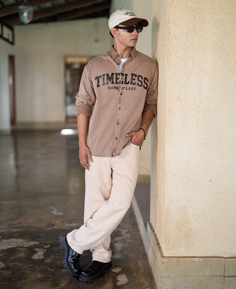 Light Brown Washed Printed Shirt 100% Cotton