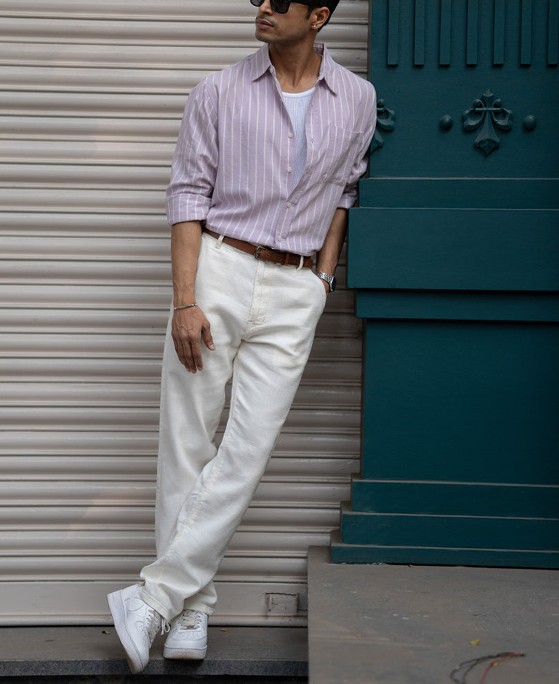 Lavender Linen Blend Stripe Shirt.