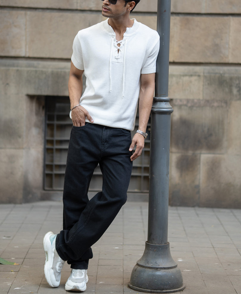 White Knitted Regular Fit Henley T-Shirt.