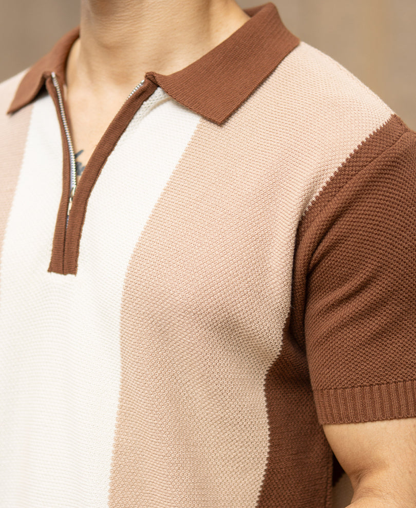 Beige & Brown Knit Stripe T-Shirt 100% Cotton